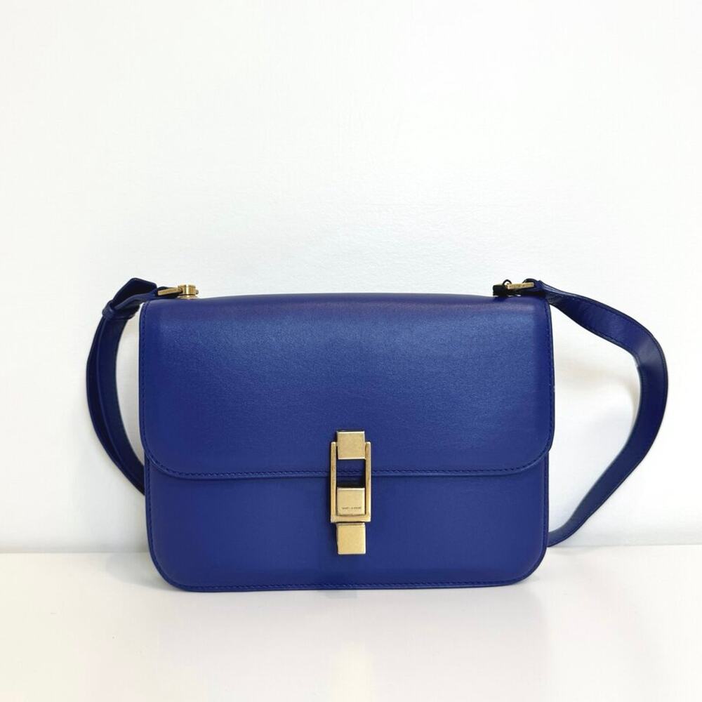 SAINT LAURENT Le Carre Satchel Blue Leather Gold Crossbody Shoulder Bag YSL